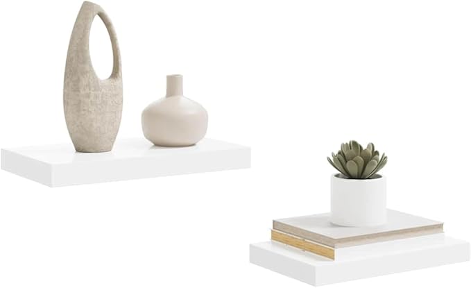 Set of 2 Floating Wall Shelves, Modern High Gloss White MDF Display Ledges, Decorative Shelving for Living Room, Bedroom, and Home Office Organization