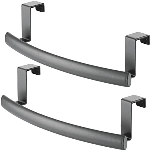 mDesign Steel Over Door Curved Towel Bar Storage, Hanger for Cabinet or Cupboard, Holder Rack for Kitchen, Bathroom - Holds Hand/Dish Towels, Washcloths - Spira Collection - 2 Pack - Graphite Gray