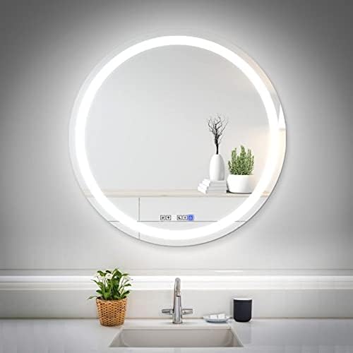 28 Inch Round LED Bathroom Mirror with 3 Color Modes, Touch Dimmer, Anti-Fog - Wall Mount Lighted Vanity Mirror for Makeup, Dressing Room - Fab Glass and Mirror
