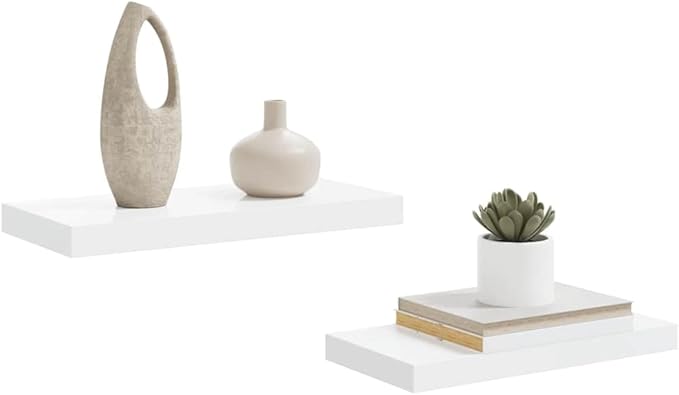 Floating Wall Shelves Set of 2, Modern High Gloss White Invisible Mounting Display Shelves for Living Room Bedroom, 19.7x9.1 Inches, Durable MDF and Metal, Holds 15.4 lbs Each
