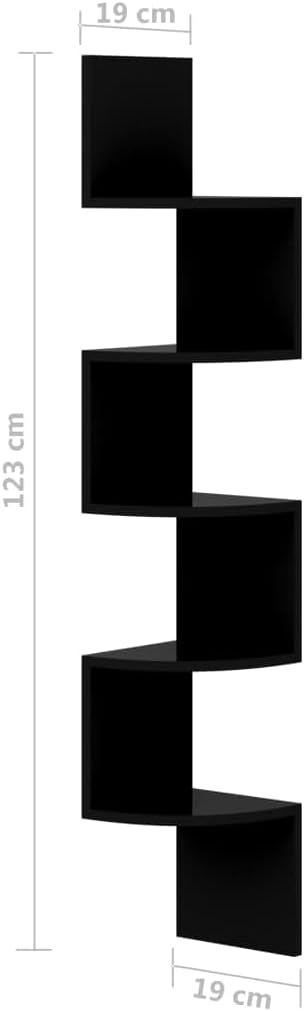 Wall Corner Shelf 48.4-inch Modern Floating Corner Shelving Unit for Living Room Bedroom, High Gloss Black Engineered Wood Space-Saving Display Storage Rack