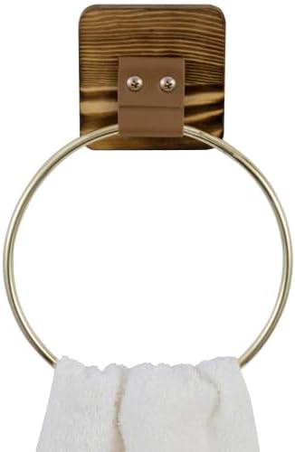 MyGift Brass Tone Hand Towel Ring, Hanging Bathroom Washcloth Towel Holder Rack, Metal with Brown Leatherette Strap and Burnt Wood Wall Mounted