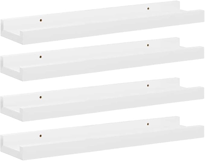 Wall Shelves Set of 4, High Gloss White Floating Shelves 15.7x3.5x1.2 Inches, Modern Decorative Storage for Living Room Bathroom, Easy Mount Shelving for Plants Books Decor, Durable MDF Board