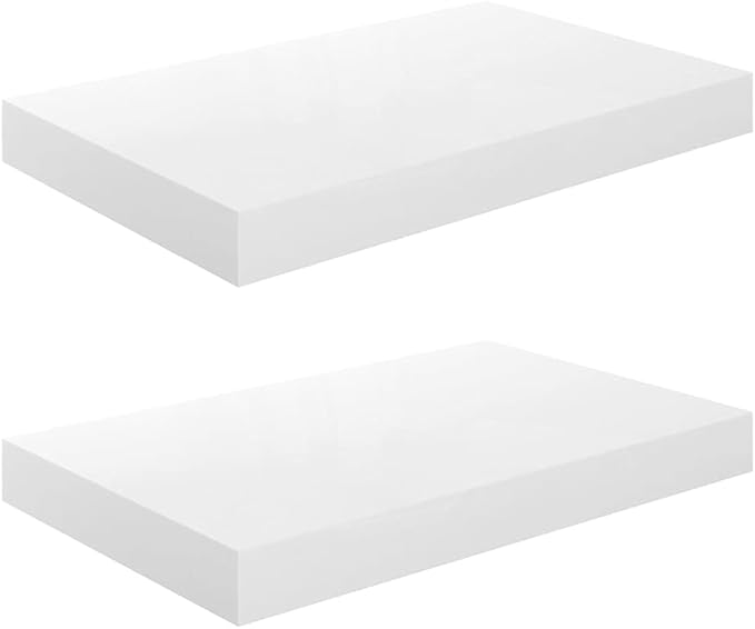 Floating Wall Shelves 2 Pack High Gloss White Modern Display Rack 15.7x9.1 Inches for Living Room Bedroom Decor, Invisible Mounting, Durable MDF Metal Frame