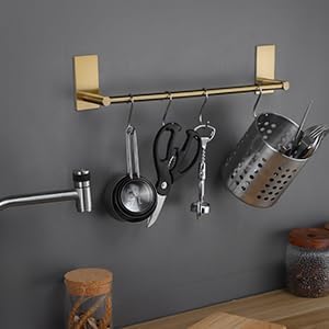 Taozun Golden Towel Bar Set- Self Adhesive Towel Holder + 2 Packs Towel Hooks Bathroom Accessories, 16-Inch Towel Rack for Bathroom Stainless Steel Brushed Brass New