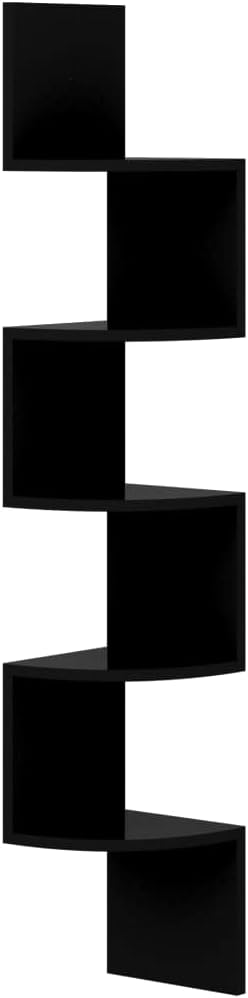 Wall Corner Shelf for Living Room, High Gloss Black Engineered Wood Floating Shelves, 7.5x7.5x48.4 Inches, Modern Corner Display Rack for Books, Plants, Decor