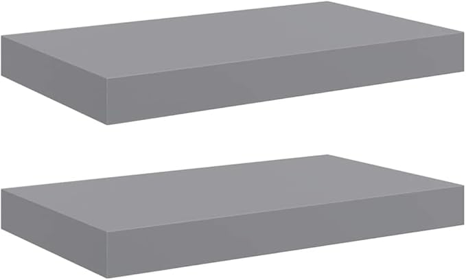 Floating Wall Shelves Set of 2, Modern Gray Display Shelves with Invisible Mounting for Living Room & Office, 15.7x9.1 Inches, Durable MDF and Metal, Easy Install Rack for Books, Decor, Awards