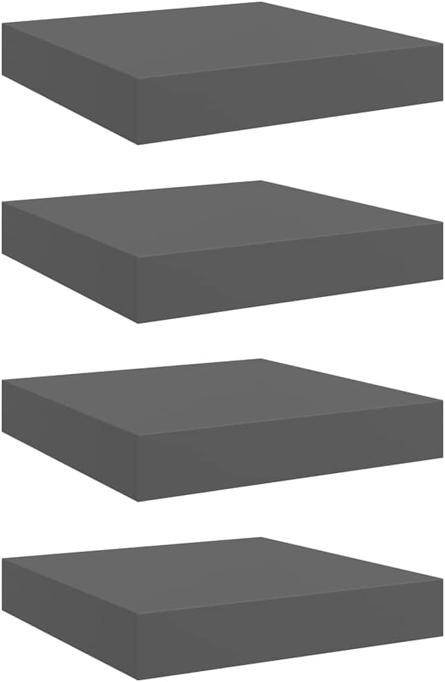 Floating Wall Shelves Set of 4, Modern High Gloss Gray Display for Living Room Bedroom, Invisible Mounting, 9.1x9.3x1.5 Inch MDF Shelves for Decor, Books, Collectibles, Easy Installation