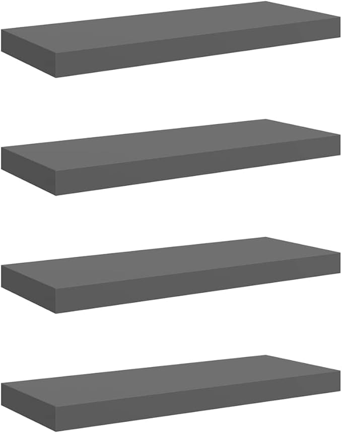 Set of 4 Floating Wall Shelves, Modern High Gloss Grey MDF Decorative Display Ledges, Storage Shelves for Living Room Bedroom Office, 23.6 inch
