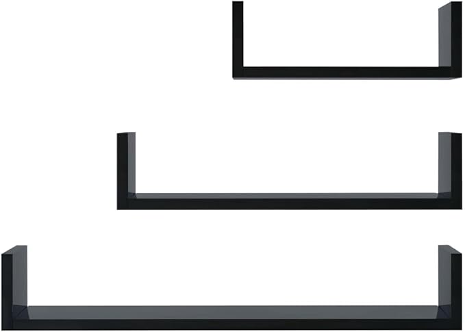Set of 3 Floating Shelves Wall Mounted U-Shaped Shelving Unit High Gloss Black Engineered Wood Display Storage for Living Room Bedroom Kitchen