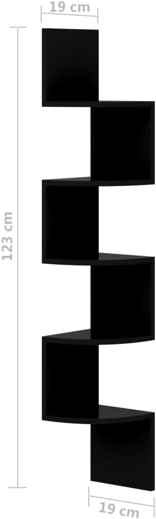 Wall Corner Shelf High Gloss Black 7.5x7.5x48.4 Engineered Wood Floating Display Rack for Living Room Bedroom Bathroom Storage Organizer Modern Decorative Shelving Unit