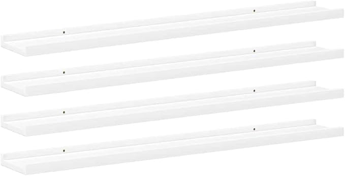Set of 4 Floating Wall Shelves, 31.5 Inch Modern White MDF Wall Mounted Storage Shelves for Living Room, Bedroom and Office, Display Ledge for Decor, Books and Plants