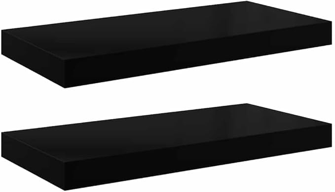Floating Wall Shelves Set of 2, Modern High-Gloss Black Display Ledges for Living Room, Bedroom or Office, Heavy Duty Decorative Wall Mount Storage Shelving