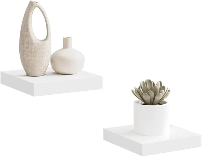 Wall Shelf Set of 2 Floating Shelves for Wall, Modern Minimalist Display Ledge for Bedroom, Living Room, Kitchen, White MDF Storage Organizers, 9.3 x 9.1 inch