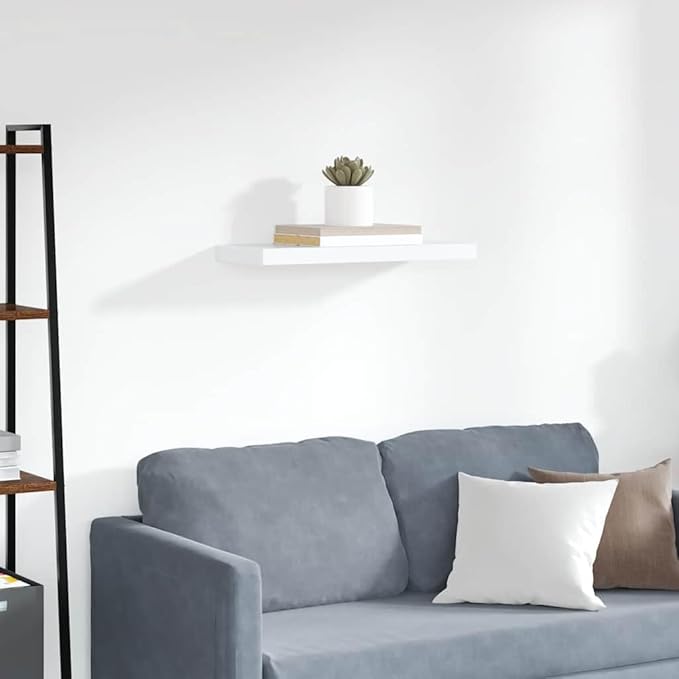 Floating Wall Shelf for Bedroom, Modern Rectangular Display Shelves, Sturdy MDF Wall Mounted Storage Organizer for Living Room and Office, White, 23.6 inch