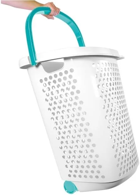 Plastic Rolling Laundry Basket Hamper Portable 2 Bushel Laundry with Pop-up Handle for Clothes, Bedroom, and Storage, White