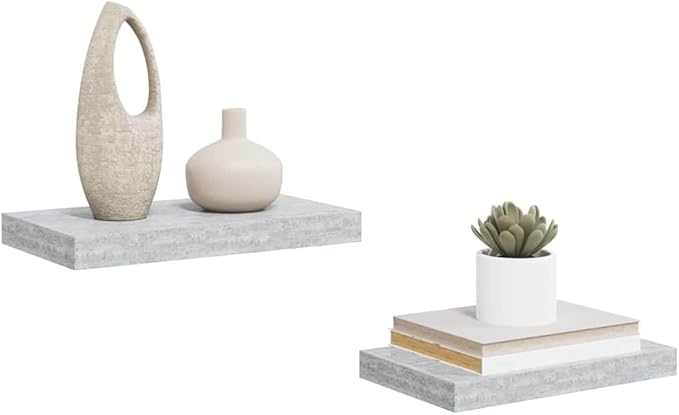 Floating Wall Shelves Set of 2, Concrete Gray Modern Invisible Mounting Shelves for Living Room Bedroom, 15.7x9.1 Inches MDF Display Rack for Books Decor Plants