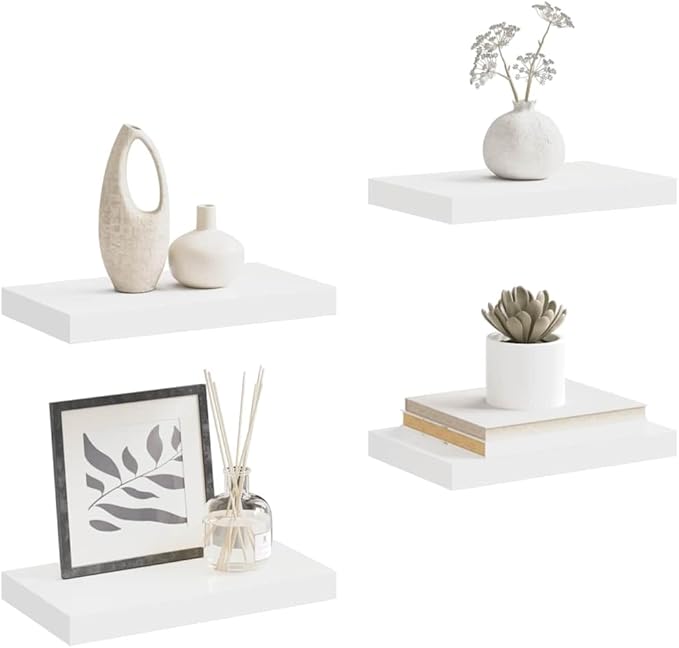 Floating Wall Shelves Set of 4, Modern Matte White Decorative Rectangular Wall Mounted Display Shelves for Living Room Bedroom Books Photos Storage