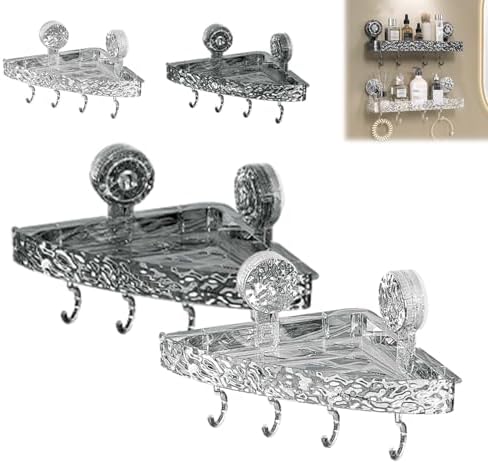 Wall-Mounted Acrylic Suction Cup Bathroom Shelf, No Drill Storage Holder with 4 Hooks, Light Luxury Glacier Pattern, Clear Rack for Toiletries and Accessories