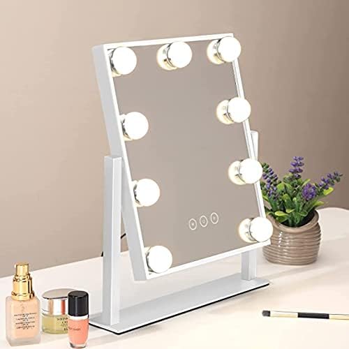 IMEASY Vanity Mirror with Lights，Hollywood Lighted Makeup Mirror with 3 Color Modes and 9 Dimmable Diamond LED Light Bulbs Detachable 10X Magnification 360° Rotation Touch Control