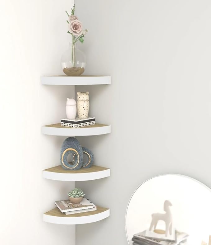 Wall Corner Shelves Set of 4, Floating Corner Shelves for Wall Decor, Oak and White Honeycomb MDF with Metal Bracket, 9.8x9.8x1.5 Inch, Invisible Mounting for Living Room, Bathroom, Office