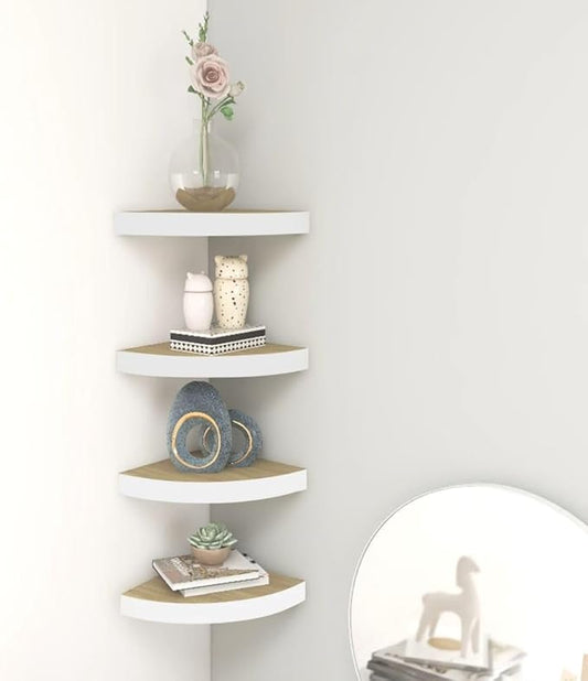 Wall Corner Shelves Set of 4, Floating Corner Shelves for Wall Decor, Oak and White Honeycomb MDF with Metal Bracket, 9.8x9.8x1.5 Inch, Invisible Mounting for Living Room, Bathroom, Office