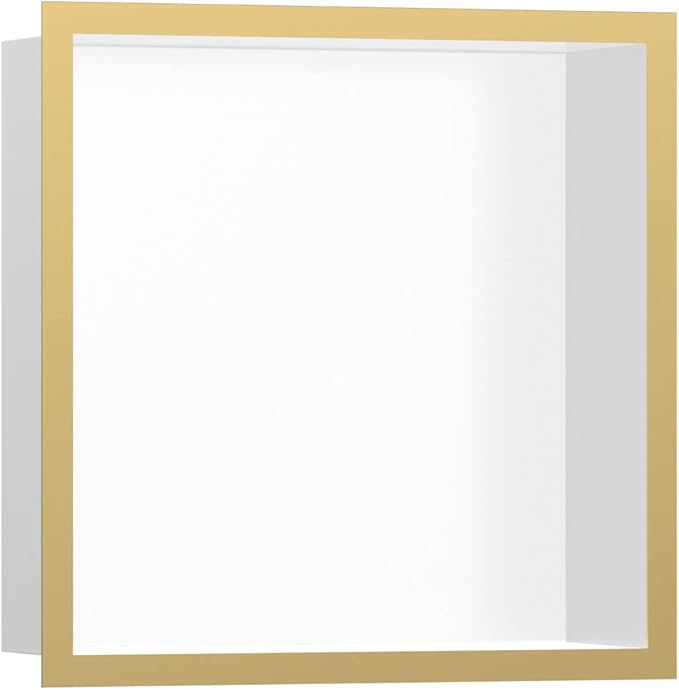 hansgrohe XtraStoris Individual Recessed Wall Niche Matte White with Design Frame 12"x 12"x 4" in Polished Gold Optic, 56099990