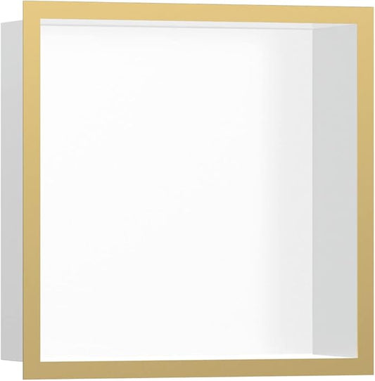 hansgrohe XtraStoris Individual Recessed Wall Niche Matte White with Design Frame 12"x 12"x 4" in Polished Gold Optic, 56099990