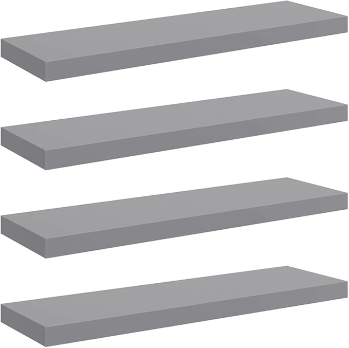 Set of 4 Floating Wall Shelves, 31.5-inch Modern Rectangular Display Ledge for Bedroom, Living Room and Office, Durable MDF Storage Organizers, Matte Grey