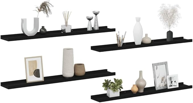 Wall Shelves Set of 4, Black Floating 31.5 Inch for Living Room Bedroom, Modern MDF Storage Shelves for Decor Books Plants, Easy Mount Heavy Duty Shelving