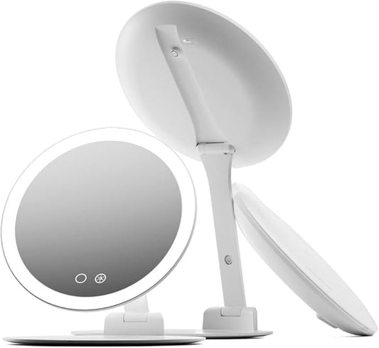 Fancii 10x Travel Magnifying Makeup Mirror with Lights, Rechargeable, Height Adjustable 8" Stand, 3 Dimmable Color Modes, Portable LED Vanity Mirror (Abigail)