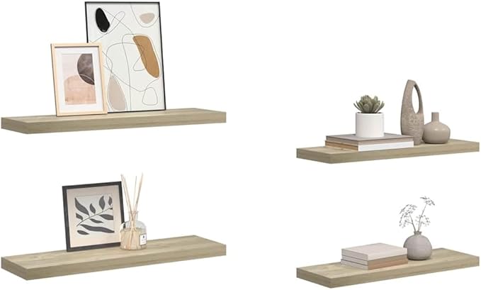 Floating Wall Shelves Set of 4, Invisible Mounting Oak Wood Look Shelves for Living Room Decor, 31. 5 Inch Modern Display Rack for Books, Plants, Photos, heavy-duty 22lb Load Each, Easy Install
