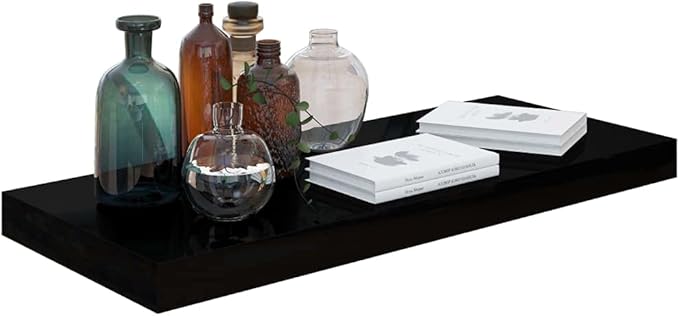 Floating Wall Shelves 4 Pack High Gloss Black Display Rack 23.6x9.3x1.5 Inches Modern Home Decor for Living Room Bedroom Office Storage Organizer
