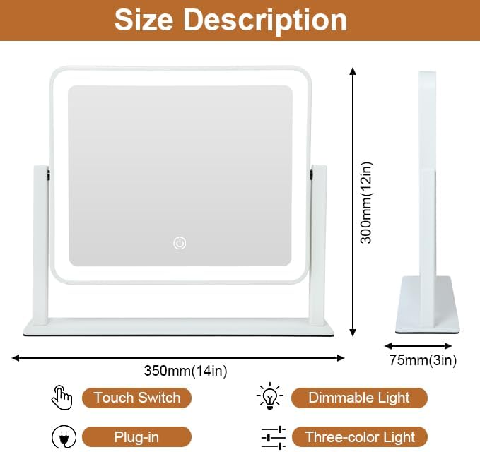 YEKKOPT Rechargeable Vanity Mirror with Lights, 14"×12" LED Makeup Mirror, Smart Touch Control, 3 Color Lighting with Adjustable Brightness,Cosmetic Mirror for Bedroom, Vanity Desk, Beauty Routine