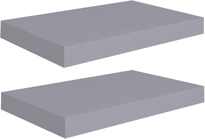 Floating Wall Shelves 2 Pack Gray Modern Display Rack with Invisible Mounting System for Living Room Bedroom Office Decor 15.7x9.1 Inches