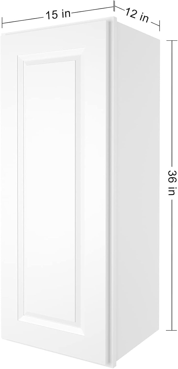 ROOMTEC Wood Wall Cabinet,RTA Single Door Medicine Cabinet with Adjustable Shelves and Soft-Close Door for Kitchen, Bathroom, and Laundry. 12" D*15" W*36" H, Traditional White
