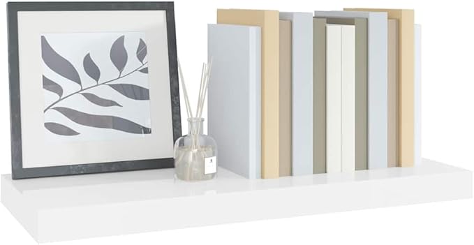 Floating Wall Shelf, Modern High Gloss White MDF Display Ledge, 23.6-Inch Rectangular Storage Rack for Bedroom, Living Room, and Office Decor