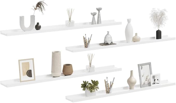 Wall Shelf Set of 4, Floating Shelves for Wall Storage, Modern High Gloss White MDF Display Ledges for Living Room Bedroom, 39.4 inch Long