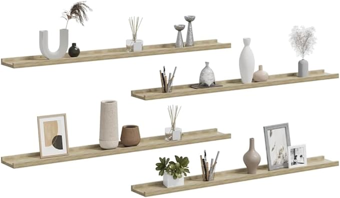 Sonoma Oak Floating Shelves Set of 4, 39.4 Inch Long Wall Mounted for Living Room Bedroom, Rustic Wood Look MDF Storage Shelves for Decor Books Plants, Easy to Install and Clean