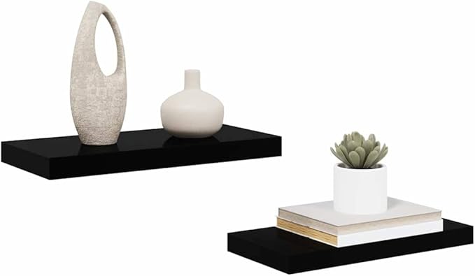 Floating Wall Shelves Set of 2, Modern High-Gloss Black Decorative Wall Mounted Shelving Units for Bedroom, Living Room, and Home Office Display, 19.7 x 9.1 Inch