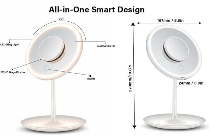 Magnifying Mirror 5X–Portable Makeup Mirror with Aluminum Lens–USB Powered–Clear HD Reflection for Beauty, Skincare & Grooming–Perfect for Home,Travel & Professional Use