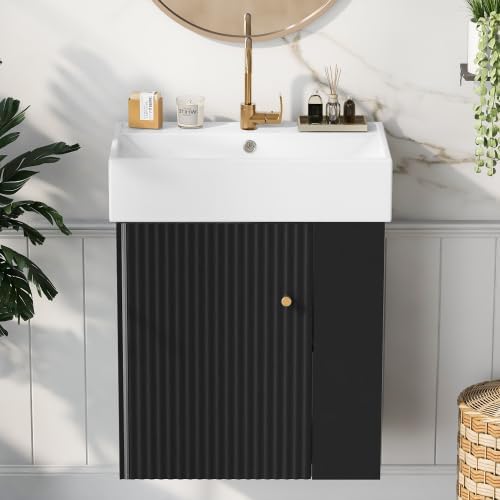 Virubi 21.6 in Floating Bathroom Vanity with Sink,Soft Closing Doors,Solid Wood Frame & MDF Modern Single Small Black Bathroom Vanity Cabinet with Open Shelf,Wall Mounted