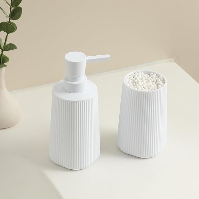 YAUKPH Bathroom Accessories Set 2 Piece Soap Dispenser and Toothbrush Holder for Bathroom Countertop Striped White