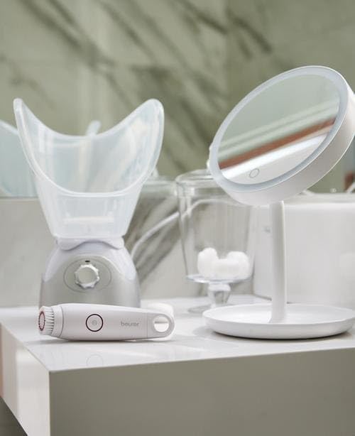 Beurer Illuminated 5X Vanity and Cosmetics Mirror, Touch Sensor Surface, Storage Tray, with Portable, Magnetic Magnifying Makeup Mirror, White LED Light and Dimmer, Cordless, 360° Rotation, BS45