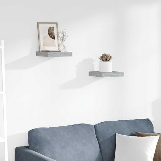 Set of 2 Floating Wall Shelves, Concrete Grey Decorative Display Shelf for Bedroom, Living Room and Office, Modern Minimalist MDF Storage Ledge, 9.1 x 9.3 Inches
