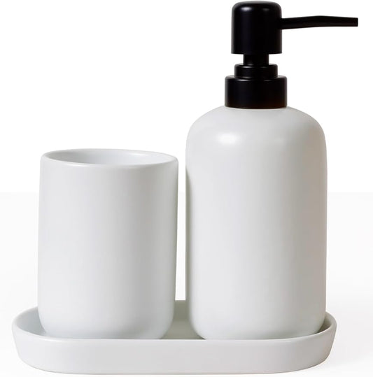 INGOFIN 3 Pcs Ceramic Bathroom Accessory Set - Liquid Soap Dispenser, Toothbrush Holder & Tray, Bathroom Counter Set, Countertop Essentials for Home, Guest Bathroom, or Office Use, White
