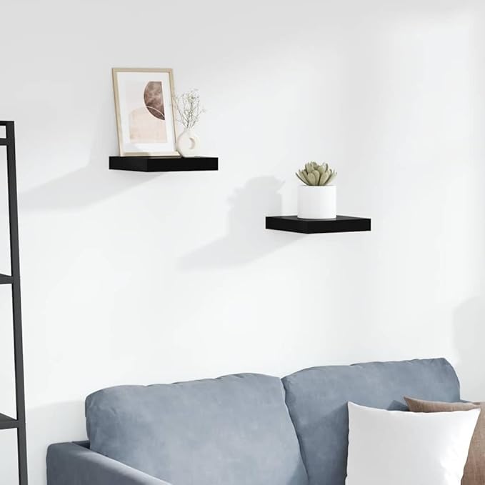 Floating Wall Shelves Set of 2, High Gloss Black Honeycomb MDF Shelving Units, Modern Decorative Wall Mount Display Shelves for Living Room, Office, Photos, Plants, 9.1 x 9.3 Inches