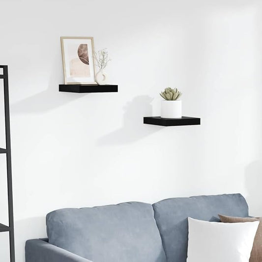 Floating Wall Shelves Set of 2, High Gloss Black Honeycomb MDF Shelving Units, Modern Decorative Wall Mount Display Shelves for Living Room, Office, Photos, Plants, 9.1 x 9.3 Inches