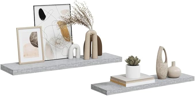 Set of 2 Floating Wall Shelves 35.4 inch, Modern Concrete Grey MDF Display Ledge for Bedroom, Living Room and Office Decor, Rectangular Shelving Unit