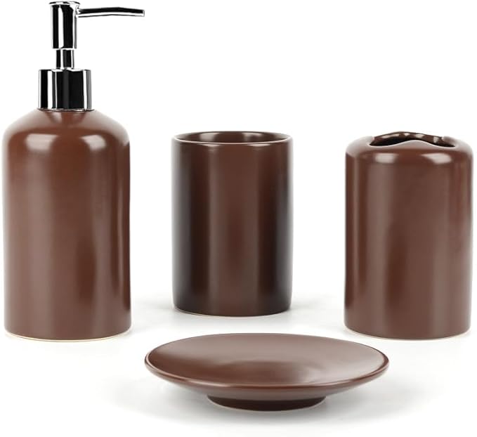 WPM 4 Piece Ceramic Bathroom Accessories Set - Brown - Our Complete Bath Decor Kit Includes Designer Soap or Lotion Dispenser - Toothbrush Holder - Tumbler - Soap Dish